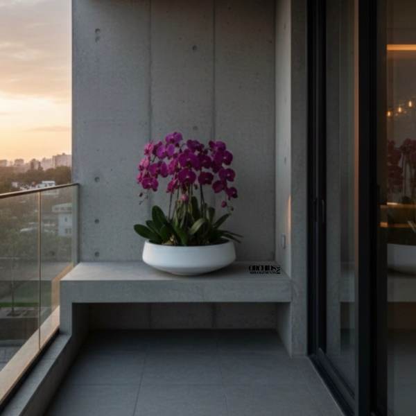 Potted purple orchids in a white bowl planter on a balcony