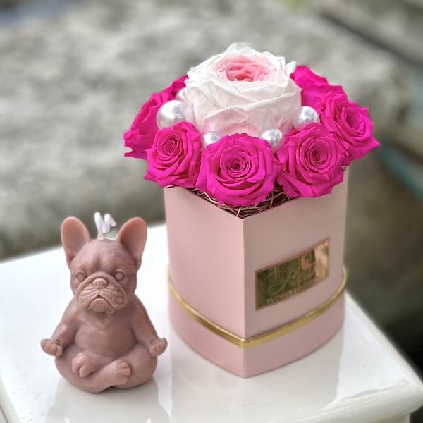 Pink and white roses in a pastel box beside a small dog figurine