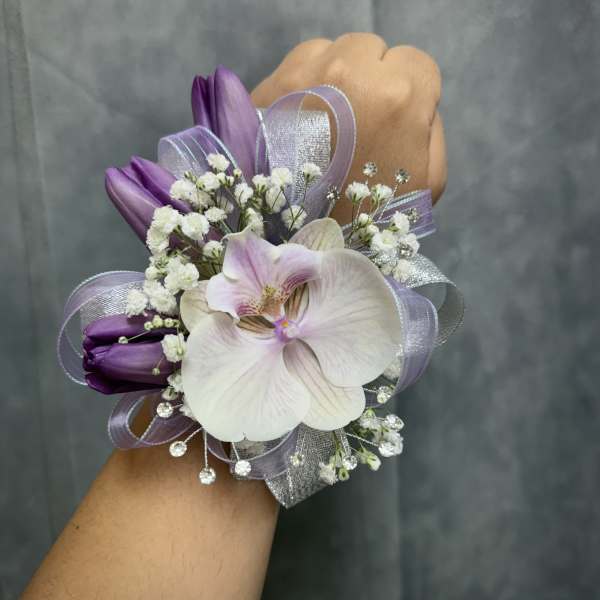 Purple tulips orchid corsage