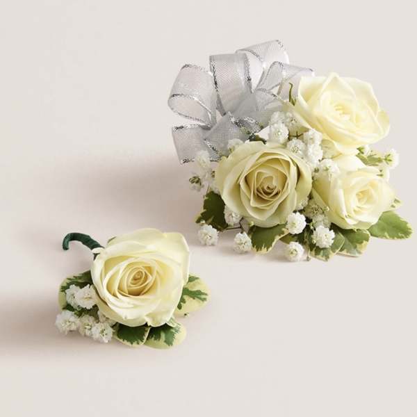 Corsage & Boutonniere Set (Silver Bow)
