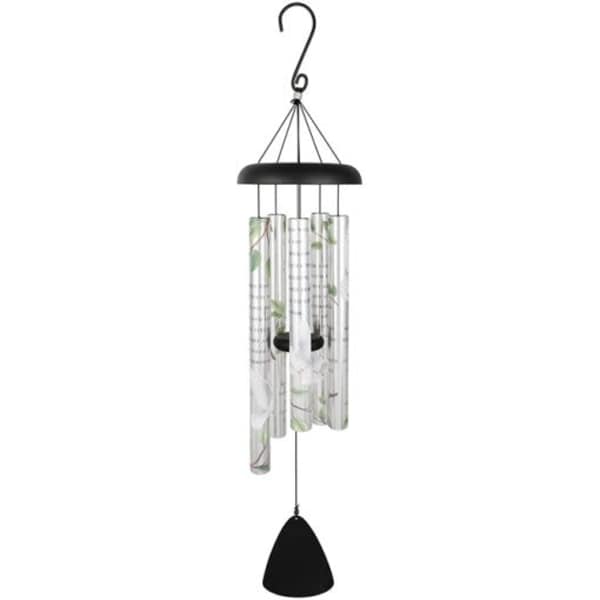 Black metal wind chime with clear tubes and a hanging clapper