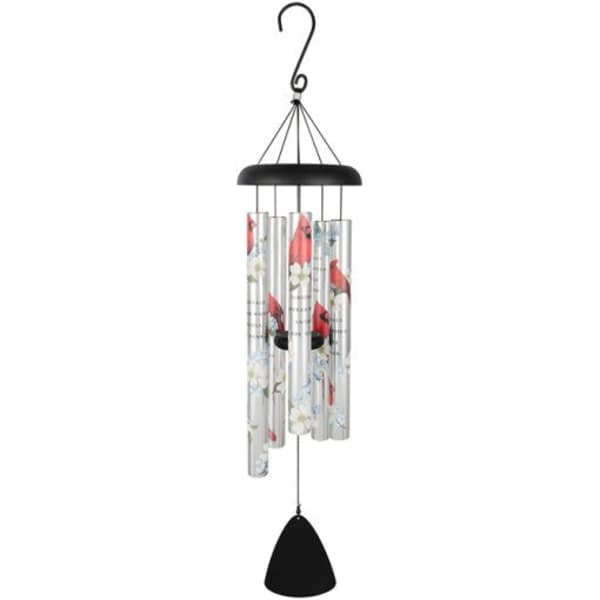 Hanging wind chime with floral-patterned tubes and a black top and clapper
