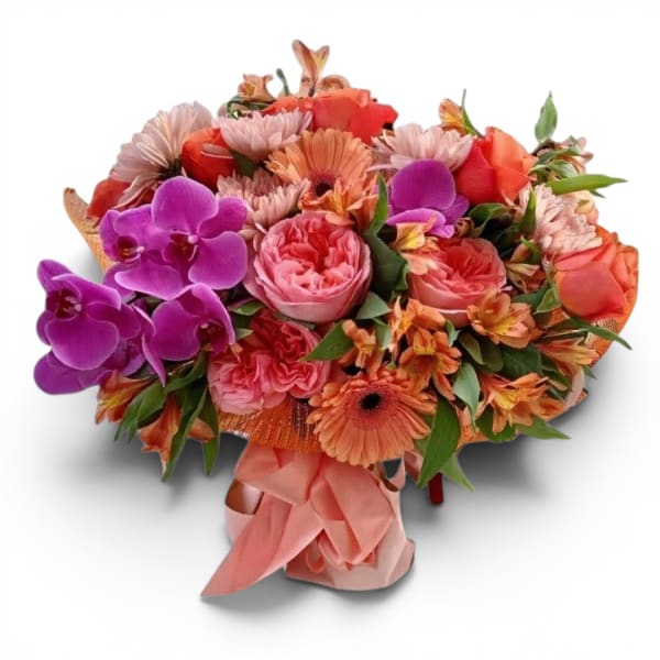 Bouquet of pink and orange flowers with purple orchids and a pink ribbon wrap