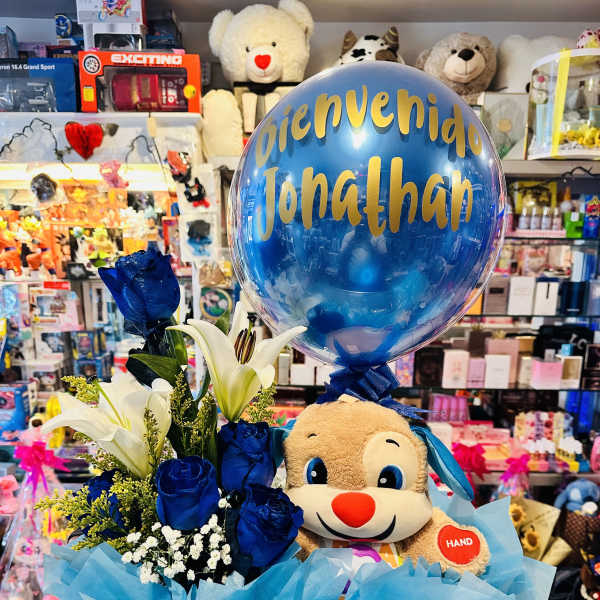 Blue balloon basket with a teddy bear and white lilies