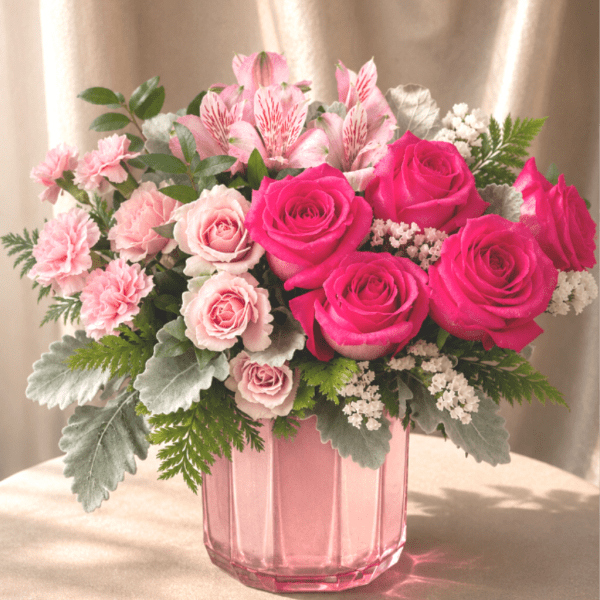 Pink roses and carnations in a pink glass vase