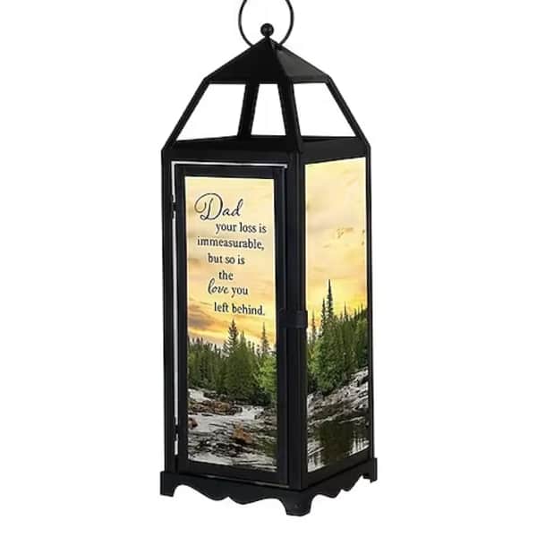 Black memorial lantern with a sympathy message and landscape panels