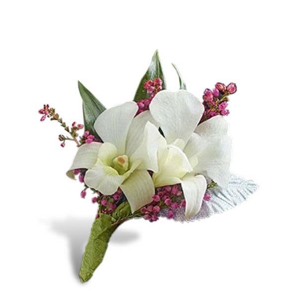 White orchid boutonniere accented with small pink blossoms and a wrapped stem