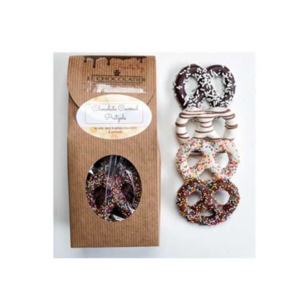 Gift box of assorted chocolate-covered pretzels with colorful sprinkles