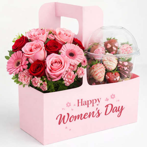 Pink and red rose bouquet beside chocolate-covered strawberries in a gift box