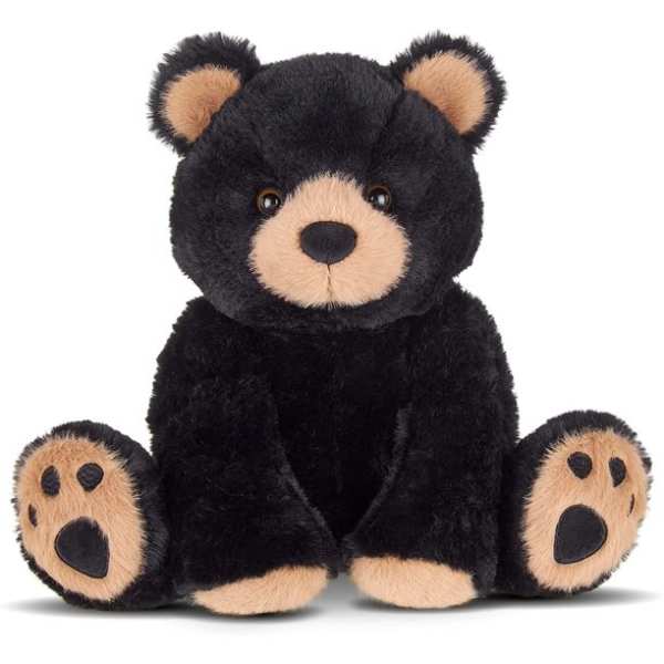 Black plush bear with tan muzzle, ears, and paw pads sitting upright