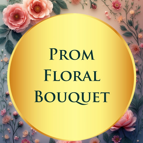 Prom floral bouquet graphic with pink flowers and a yellow circle