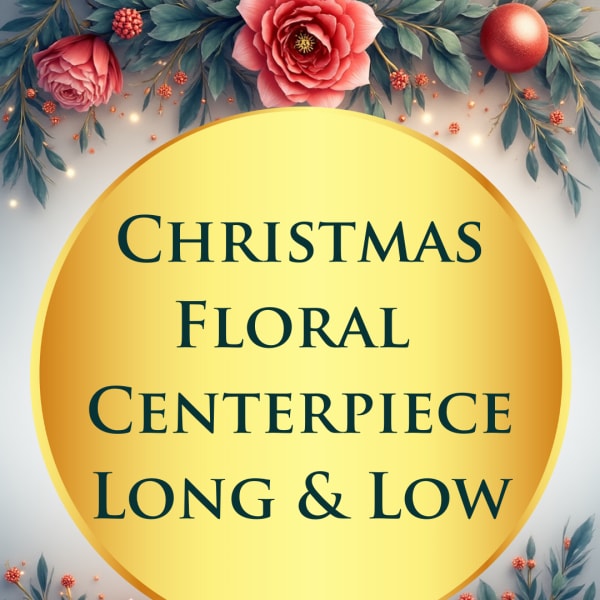 Christmas floral centerpiece sign with pink flowers and ornaments