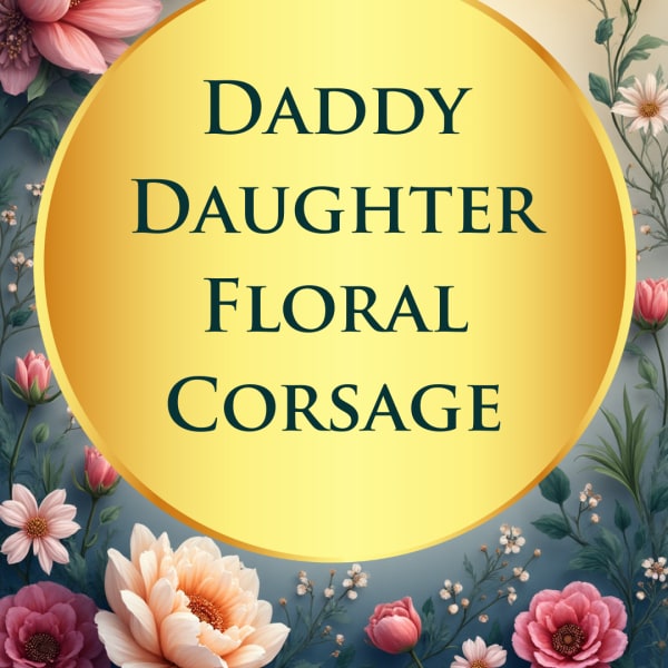 Floral corsage graphic with pink and peach flowers around a yellow circle