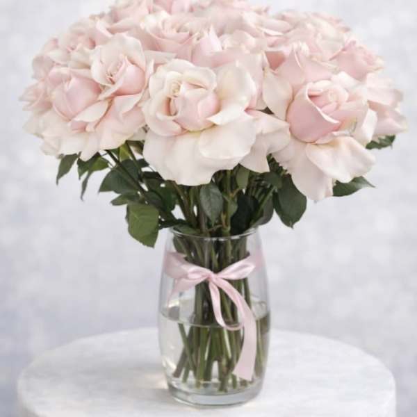 Pale pink roses arranged in a clear glass vase with a pink ribbon