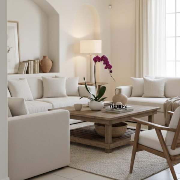 Potted purple orchid on a coffee table in a bright living room