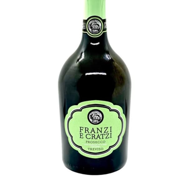 Bottle of Franzi e Cratzi Prosecco with a green foil top