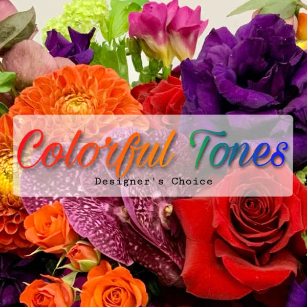 Colorful bouquet with roses, orchids, and dahlias