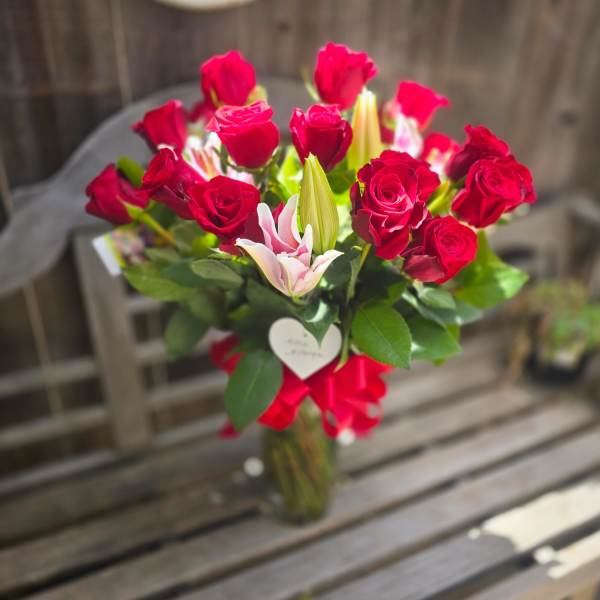 18 Red Roses and Stargazer vase