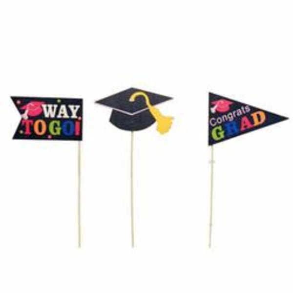 Three graduation pick decorations with colorful text and a mortarboard cap.
