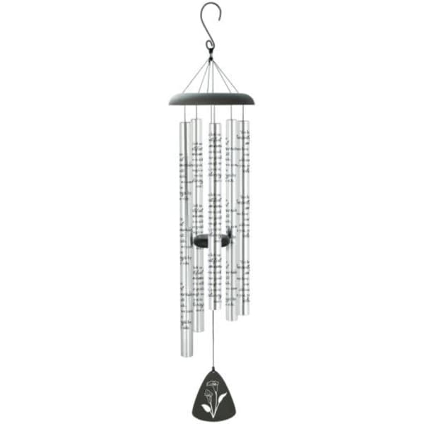 Hanging wind chime with clear tubes and a black top and clapper