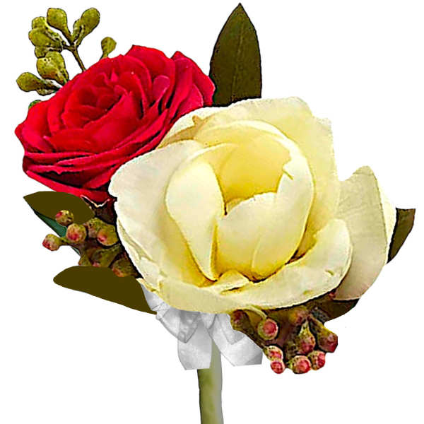Red and white rose boutonniere with a white ribbon