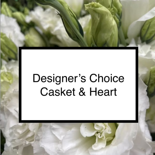 White floral arrangement with green buds and a text label