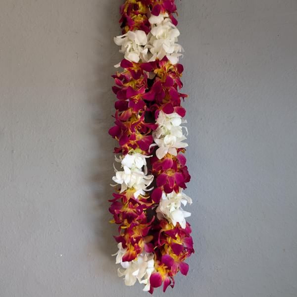 Double Orchid Lei White and Purple/yellow (dyed)