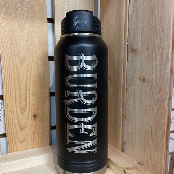 Black insulated bottle with silver "BURDEW" lettering