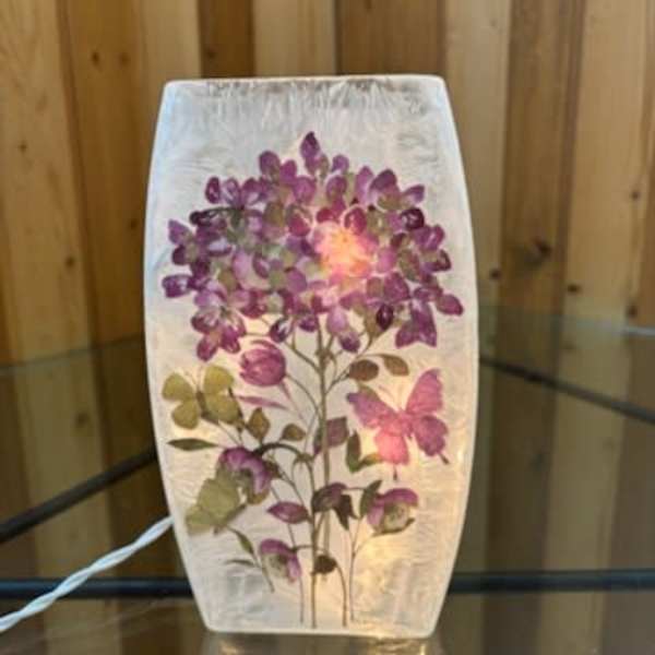 Decorative glass lamp with purple floral and butterfly design