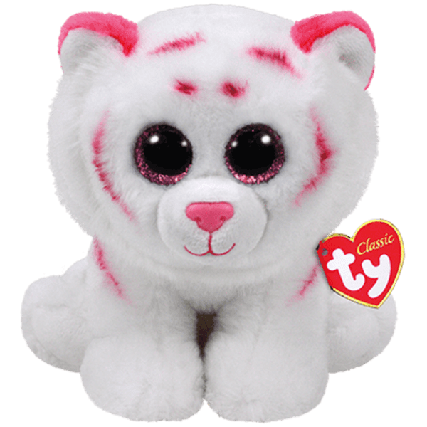 White and pink plush tiger with large glittery eyes sitting upright