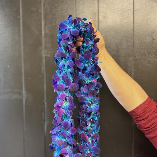 Two purple and blue flower garlands are held up by a hand.