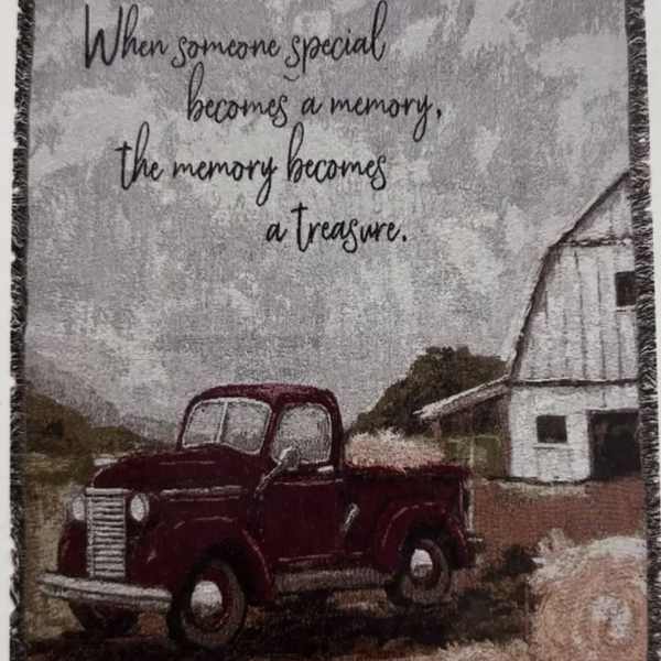 Framed wall art with a vintage red truck and a memorial quote