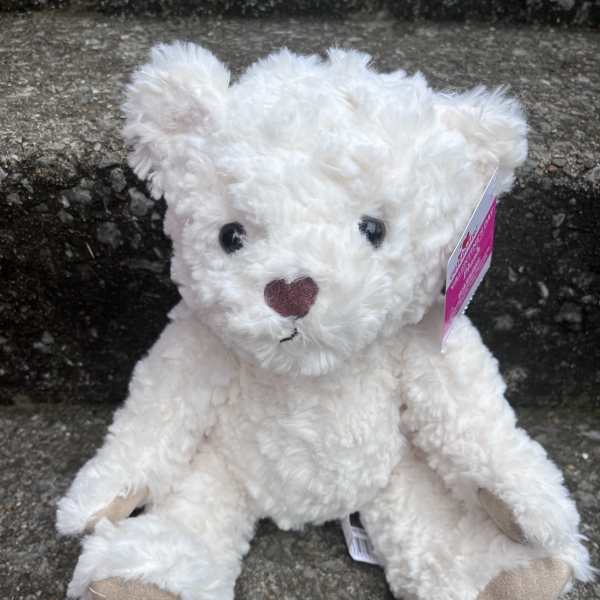 White plush teddy bear with a pink tag