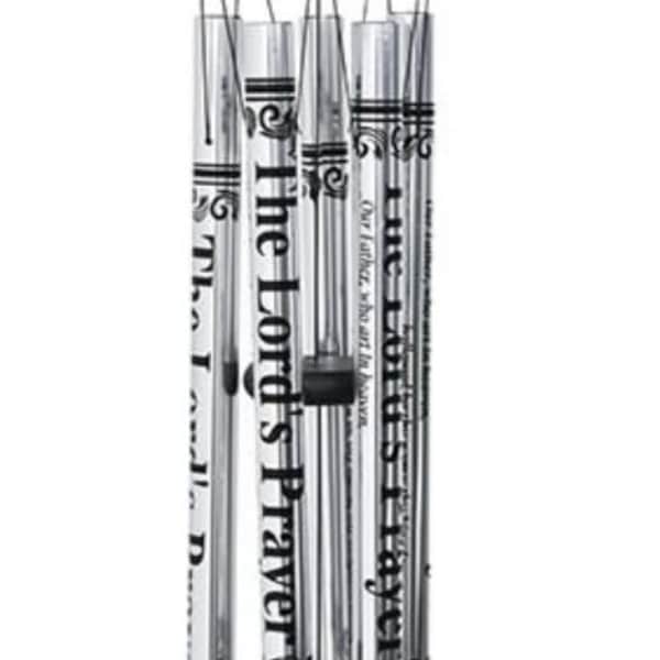 Black and silver wind chime with engraved prayer tubes