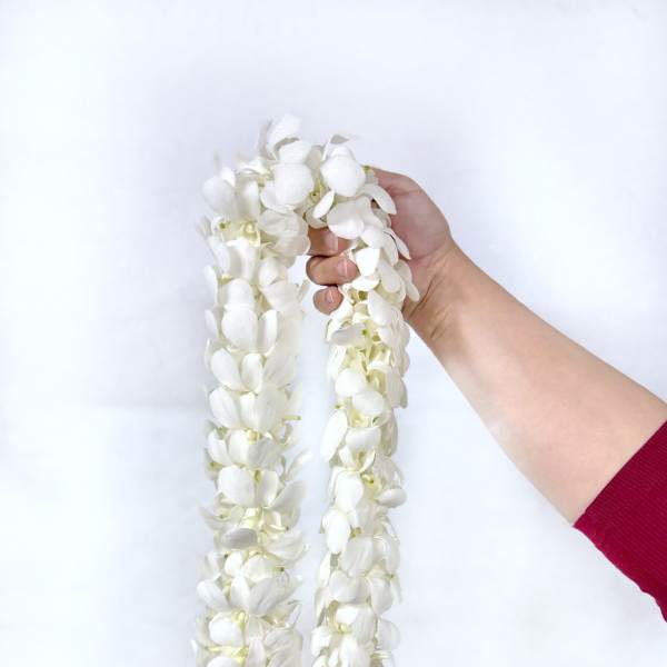 Hand holding two white flower garlands against a plain background