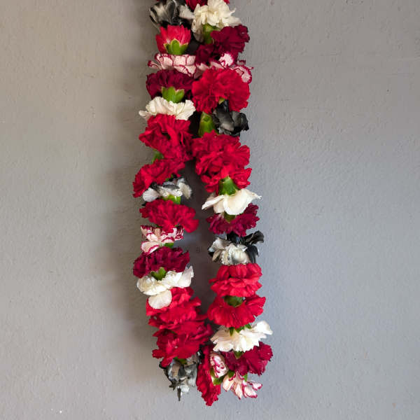 Lei - red, burgundy, black and white Carnation