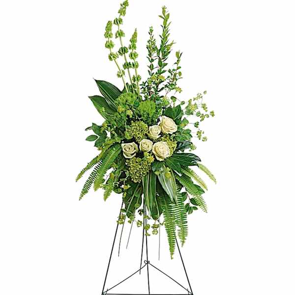 Tall white rose standing spray on a metal easel