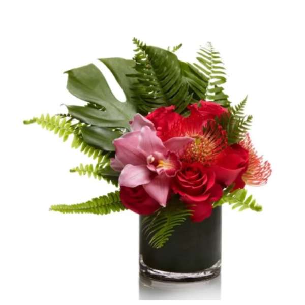 Persian inspired Design with Red or pink roses mixed with tropical florals