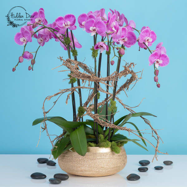 Pink orchids in a gold bowl with decorative twigs