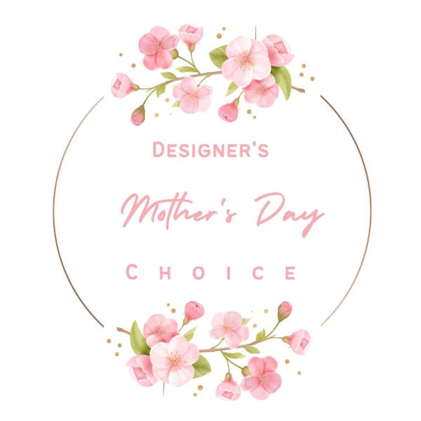 Mother's Day choice graphic with pink cherry blossoms and gold dots