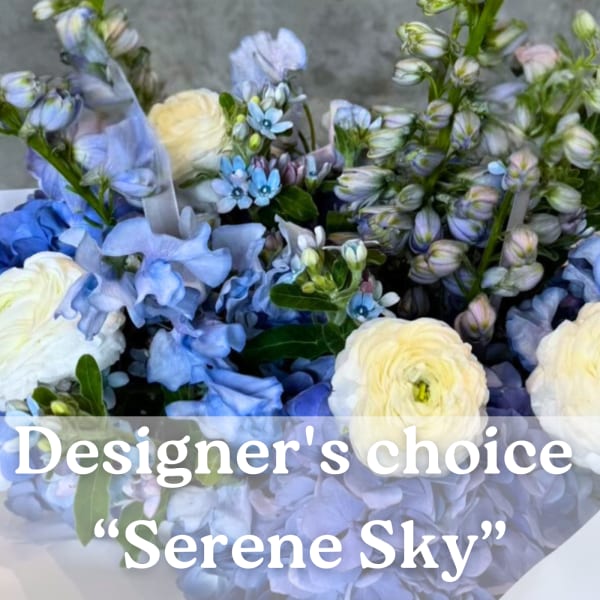Blue and white bouquet with ranunculus, hydrangea, and small blossoms