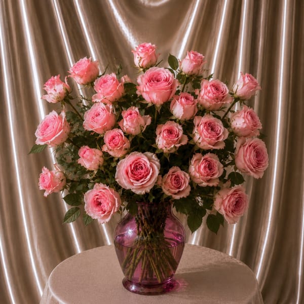 24 Baby Pink Roses in a Pink Vase