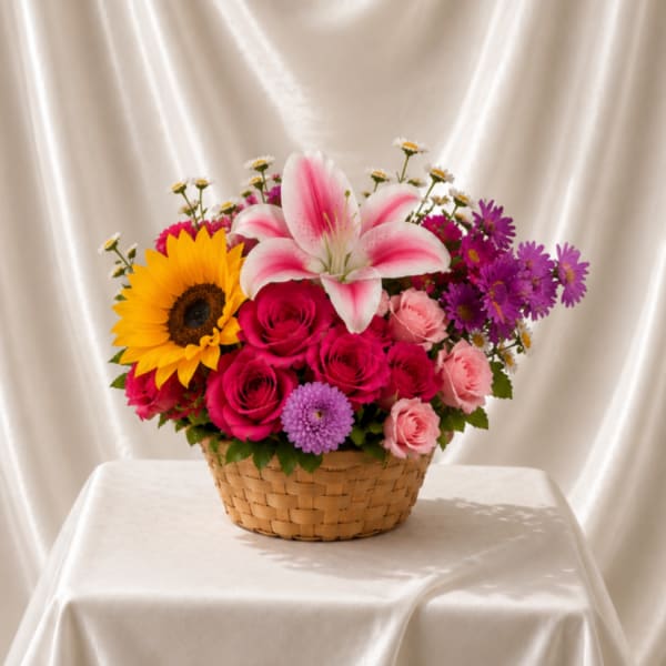 Basket arrangement with a sunflower, pink lily, and mixed roses