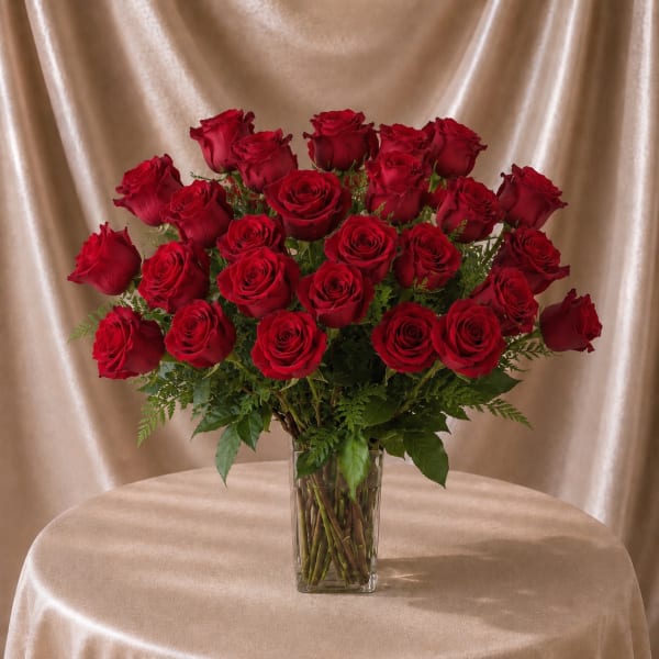 24 Red Roses in Gathering Vase