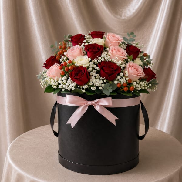 Blush & Red Rose Hatbox – Tall