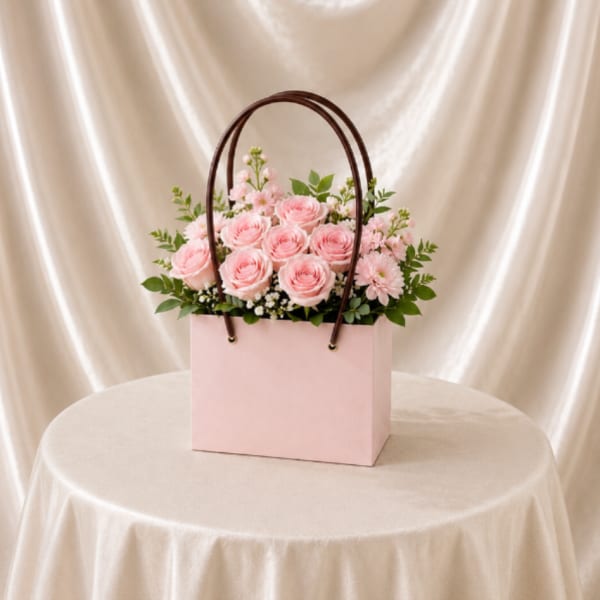 Pink roses and small pink flowers in a pale pink gift bag with handles