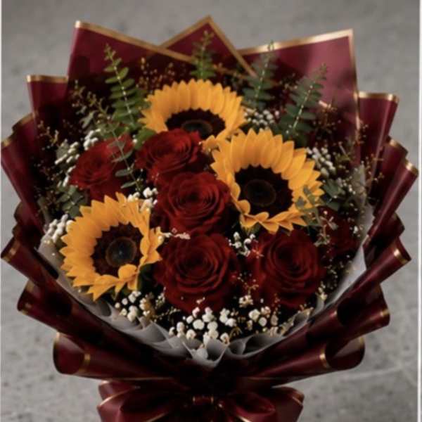 Sunflower and Rose Wrapped Bouquet