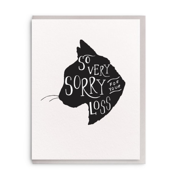 Sympathy card with a black silhouette and the words "So very sorry for your loss"