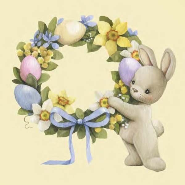Easter wreath with pastel eggs, flowers, and a bunny plush