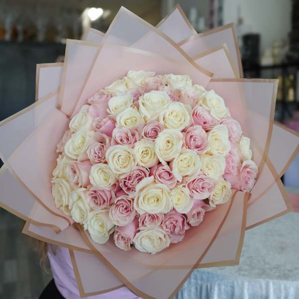 Pink and White Roses Wrapped Bouquet